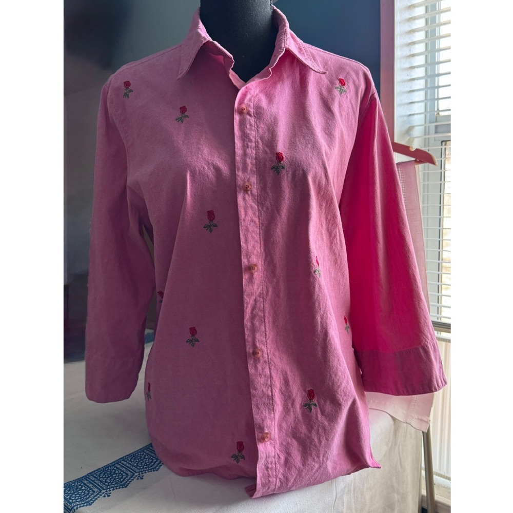 Lemon Grass Studio 3/4 Sleeve Pink Button Down Shirt Embroidered Roses Size XL